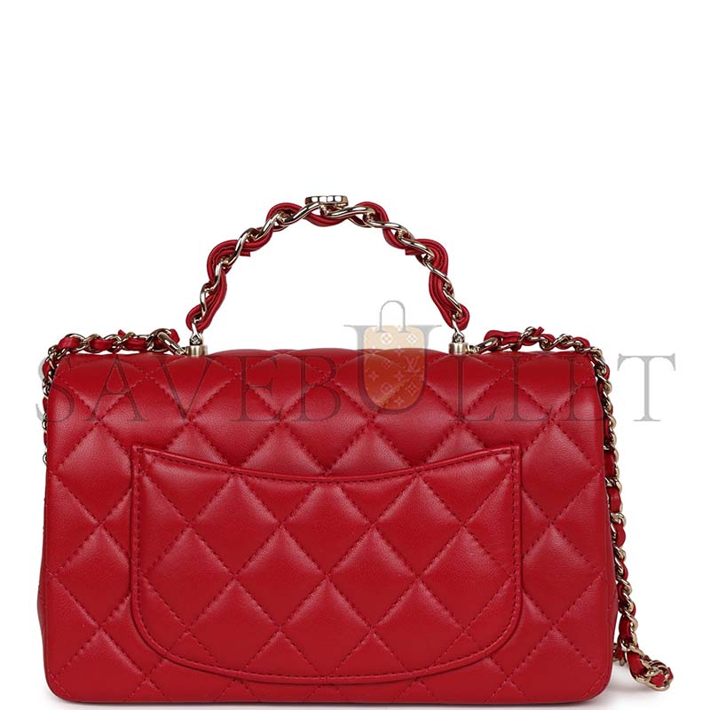 CHANEL MINI RECTANGULAR FLAP WITH TOP HANDLE RED LAMBSKIN LIGHT GOLD HARDWARE (20*12*6cm)